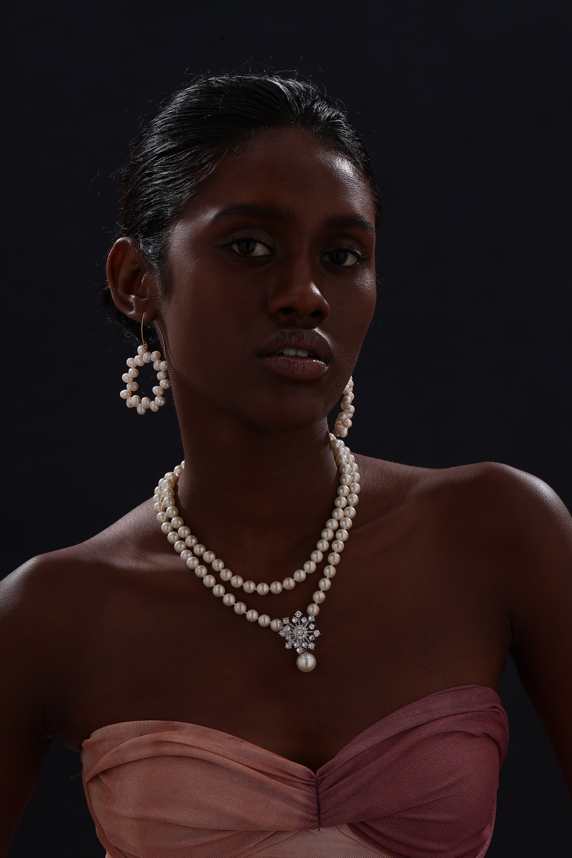 Snow Flower Pearl Drop Necklace - 4 Ways to Wear - White - Long Necklace - ONNNIII