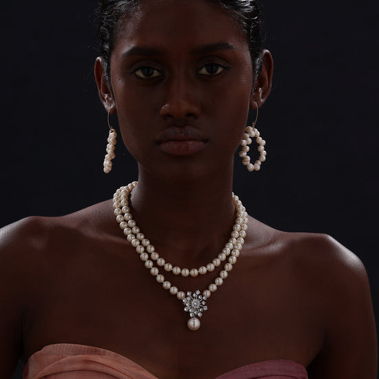 Snow Flower Pearl Drop Necklace - 4 Ways to Wear - White - Long Necklace - ONNNIII