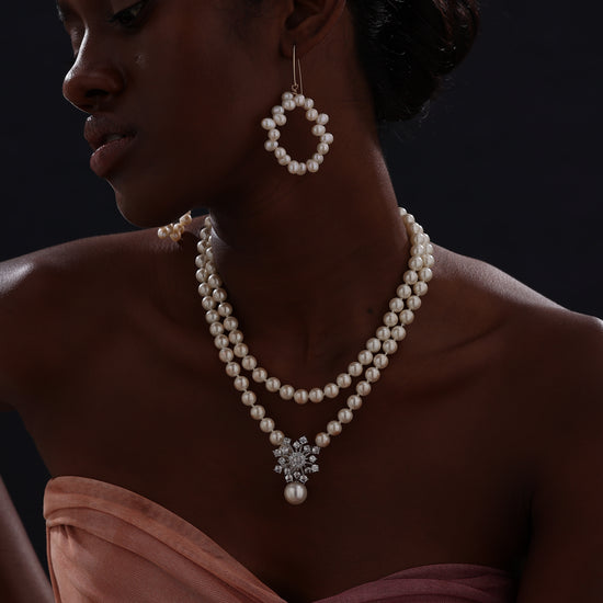 Snow Flower Pearl Drop Necklace - 4 Ways to Wear - White - Long Necklace - ONNNIII