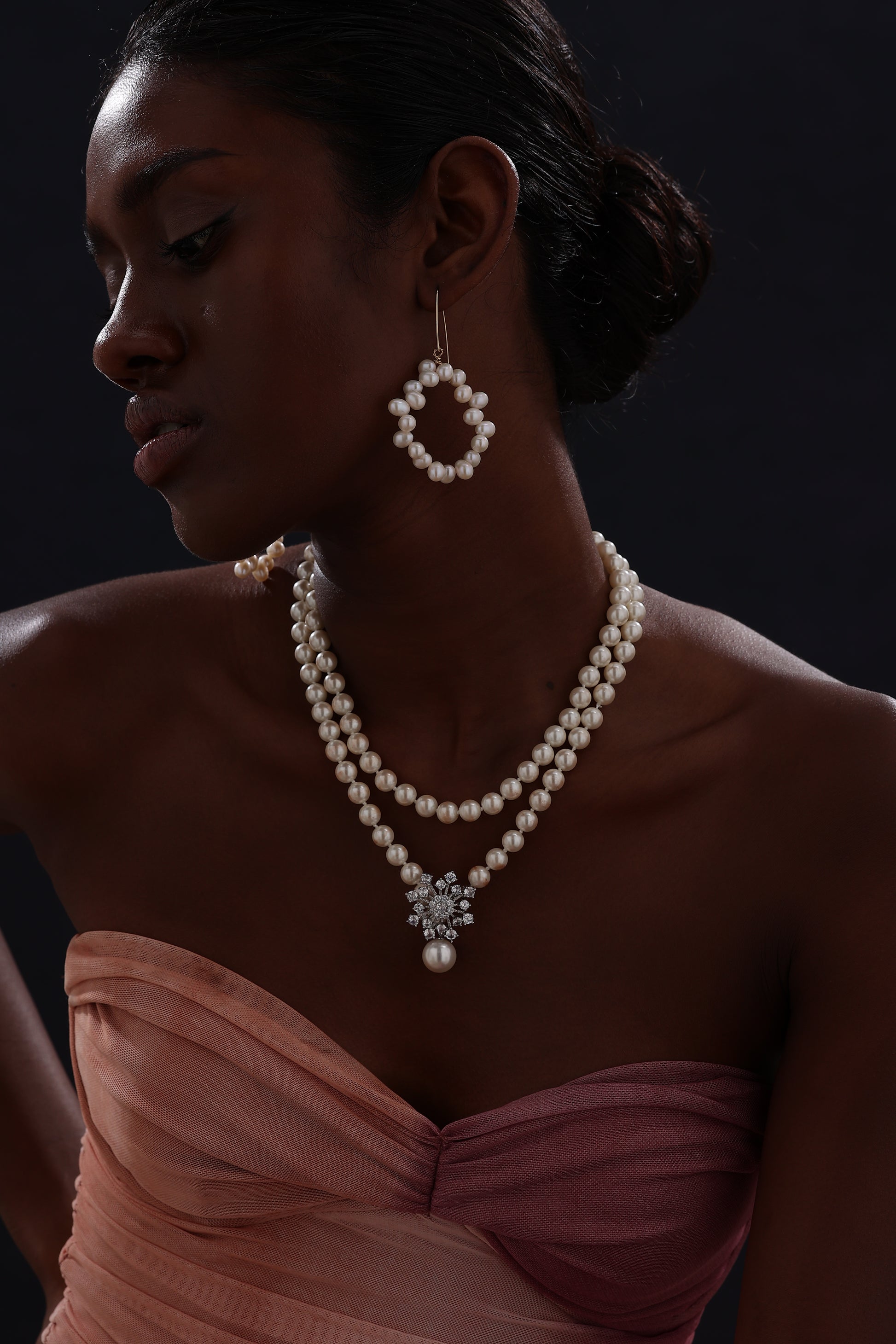 Snow Flower Pearl Drop Necklace - 4 Ways to Wear - White - Long Necklace - ONNNIII