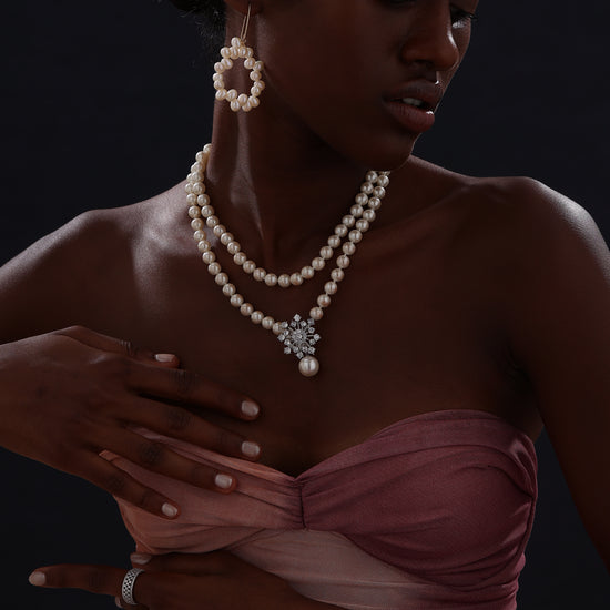 Snow Flower Pearl Drop Necklace - 4 Ways to Wear - White - Long Necklace - ONNNIII