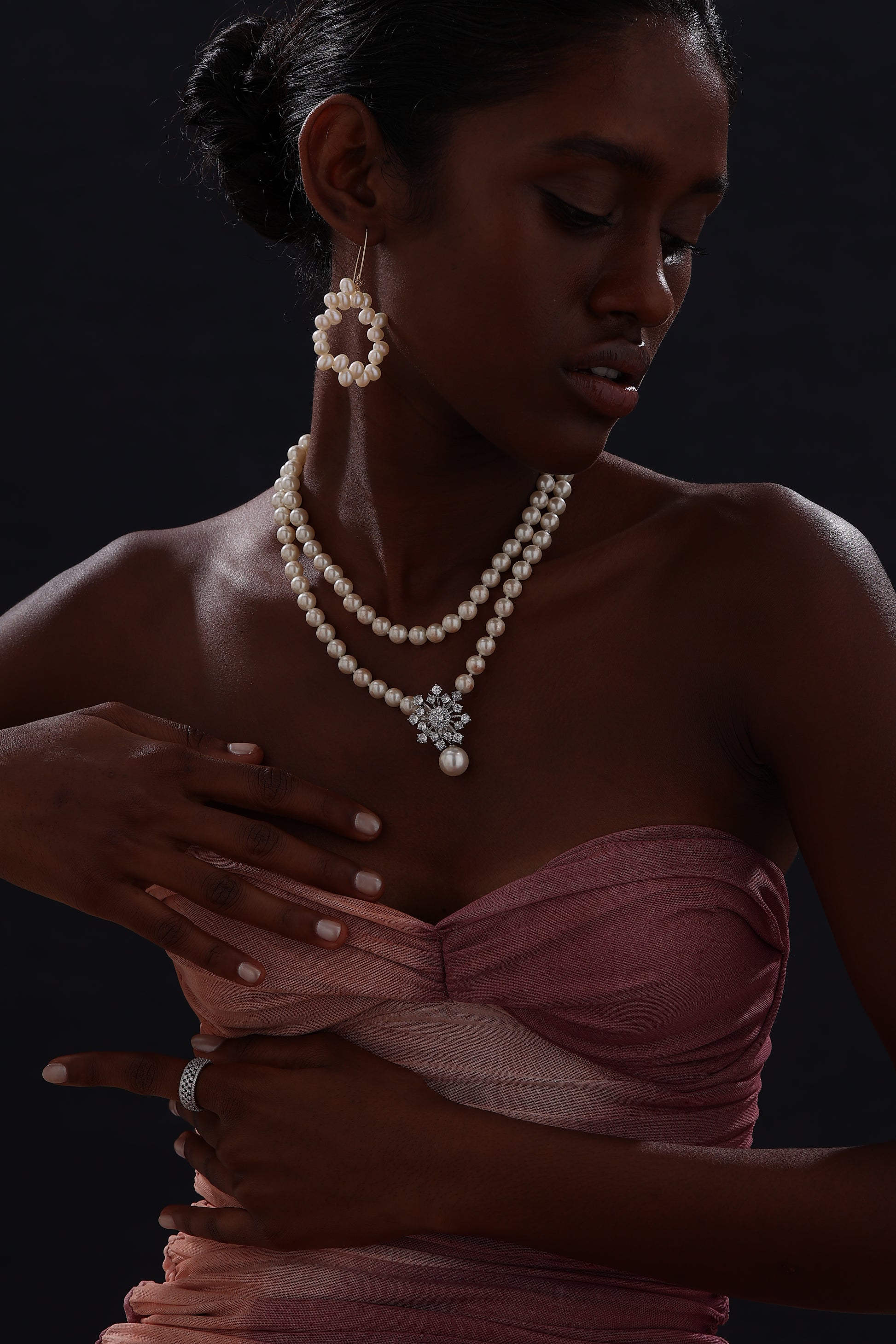 Snow Flower Pearl Drop Necklace - 4 Ways to Wear - White - Long Necklace - ONNNIII