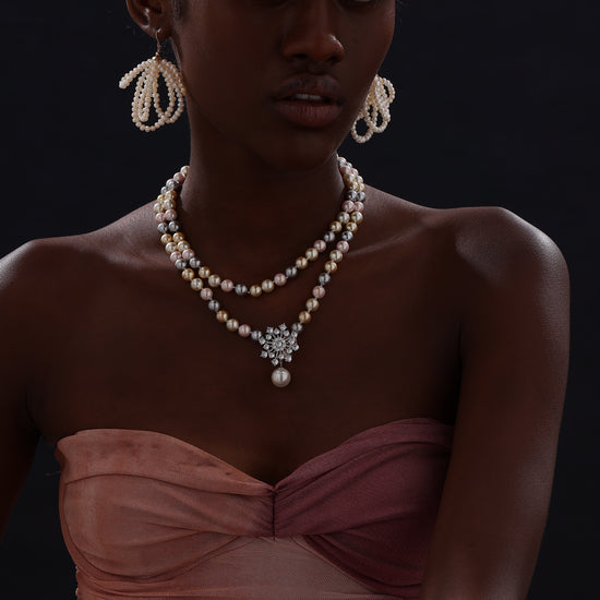 Snow Flower Pearl Drop Necklace - 4 Ways to Wear - Multicolour - Long Necklace - ONNNIII