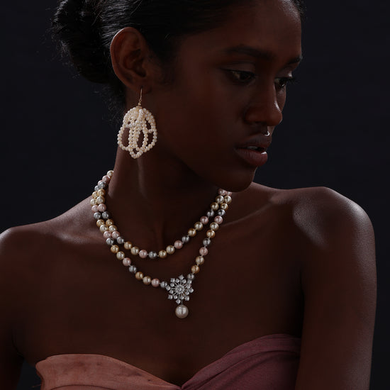 Snow Flower Pearl Drop Necklace - 4 Ways to Wear - Multicolour - Long Necklace - ONNNIII