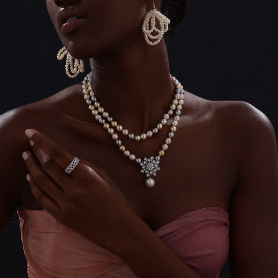 Snow Flower Pearl Drop Necklace - 4 Ways to Wear - Multicolour - Long Necklace - ONNNIII
