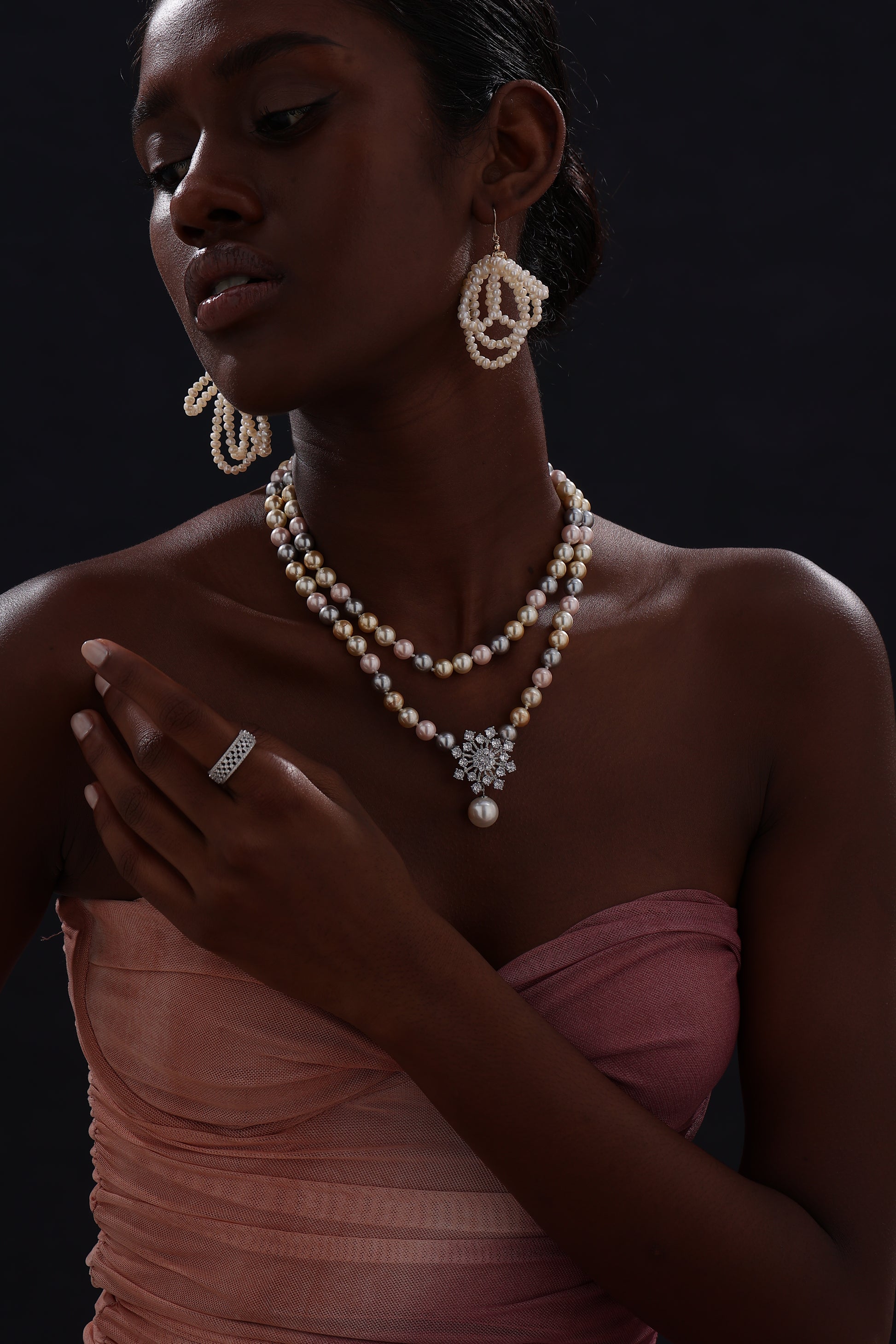 Snow Flower Pearl Drop Necklace - 4 Ways to Wear - Multicolour - Long Necklace - ONNNIII