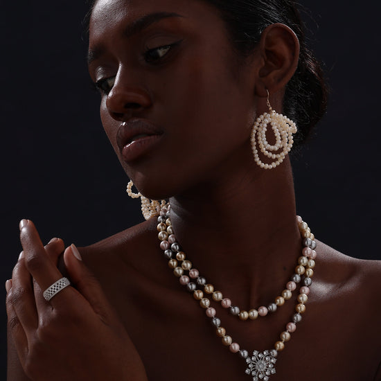 Snow Flower Pearl Drop Necklace - 4 Ways to Wear - Multicolour - Long Necklace - ONNNIII