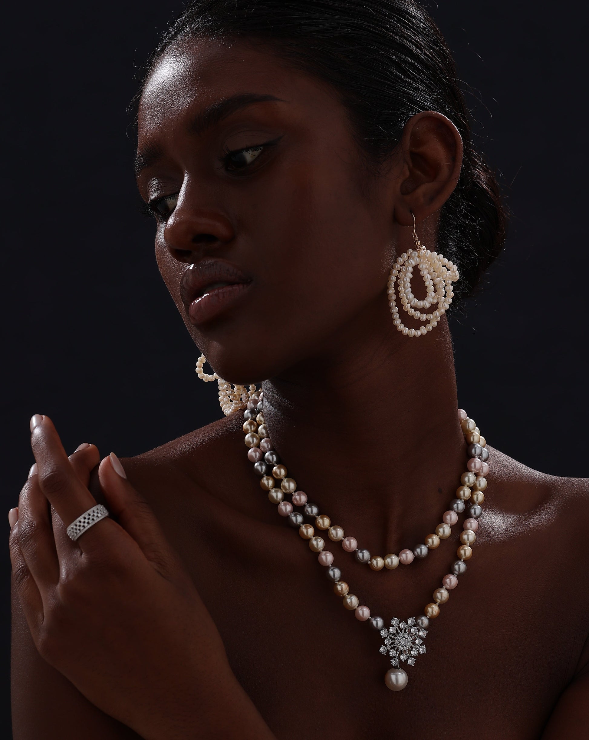 Snow Flower Pearl Drop Necklace - 4 Ways to Wear - Multicolour - Long Necklace - ONNNIII