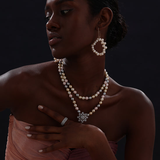 Snow Flower Pearl Drop Necklace - 4 Ways to Wear - Multicolour - Long Necklace - ONNNIII
