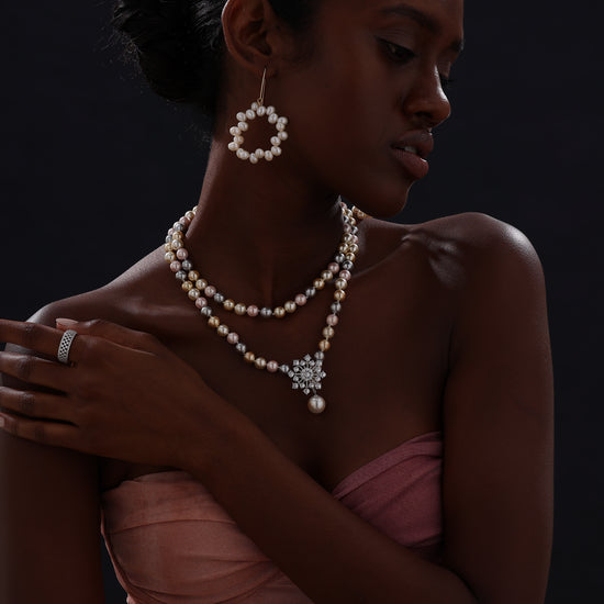 Snow Flower Pearl Drop Necklace - 4 Ways to Wear - Multicolour - Long Necklace - ONNNIII