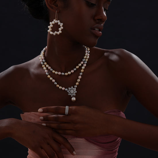 Snow Flower Pearl Drop Necklace - 4 Ways to Wear - Multicolour - Long Necklace - ONNNIII