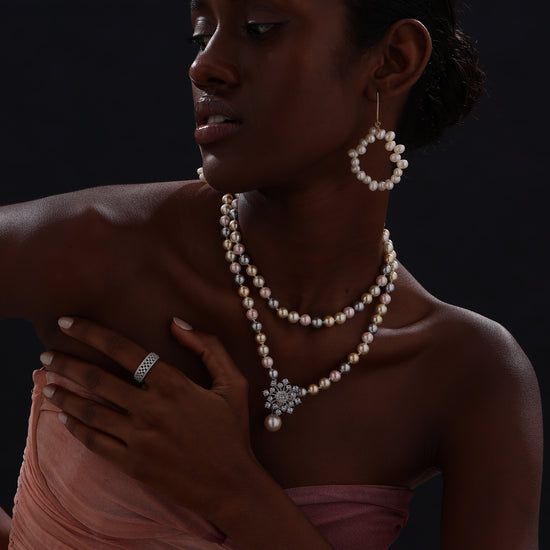 Snow Flower Pearl Drop Necklace - 4 Ways to Wear - Multicolour - Long Necklace - ONNNIII