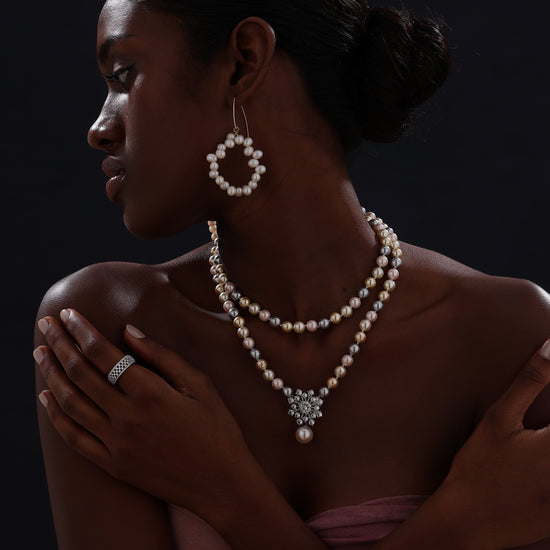 Snow Flower Pearl Drop Necklace - 4 Ways to Wear - Multicolour - Long Necklace - ONNNIII