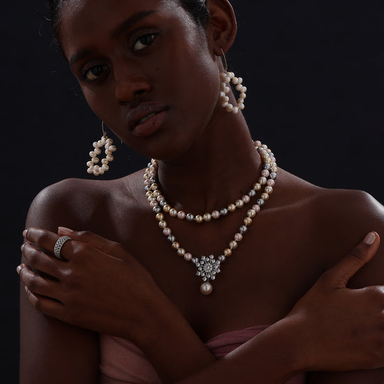 Snow Flower Pearl Drop Necklace - 4 Ways to Wear - Multicolour - Long Necklace - ONNNIII