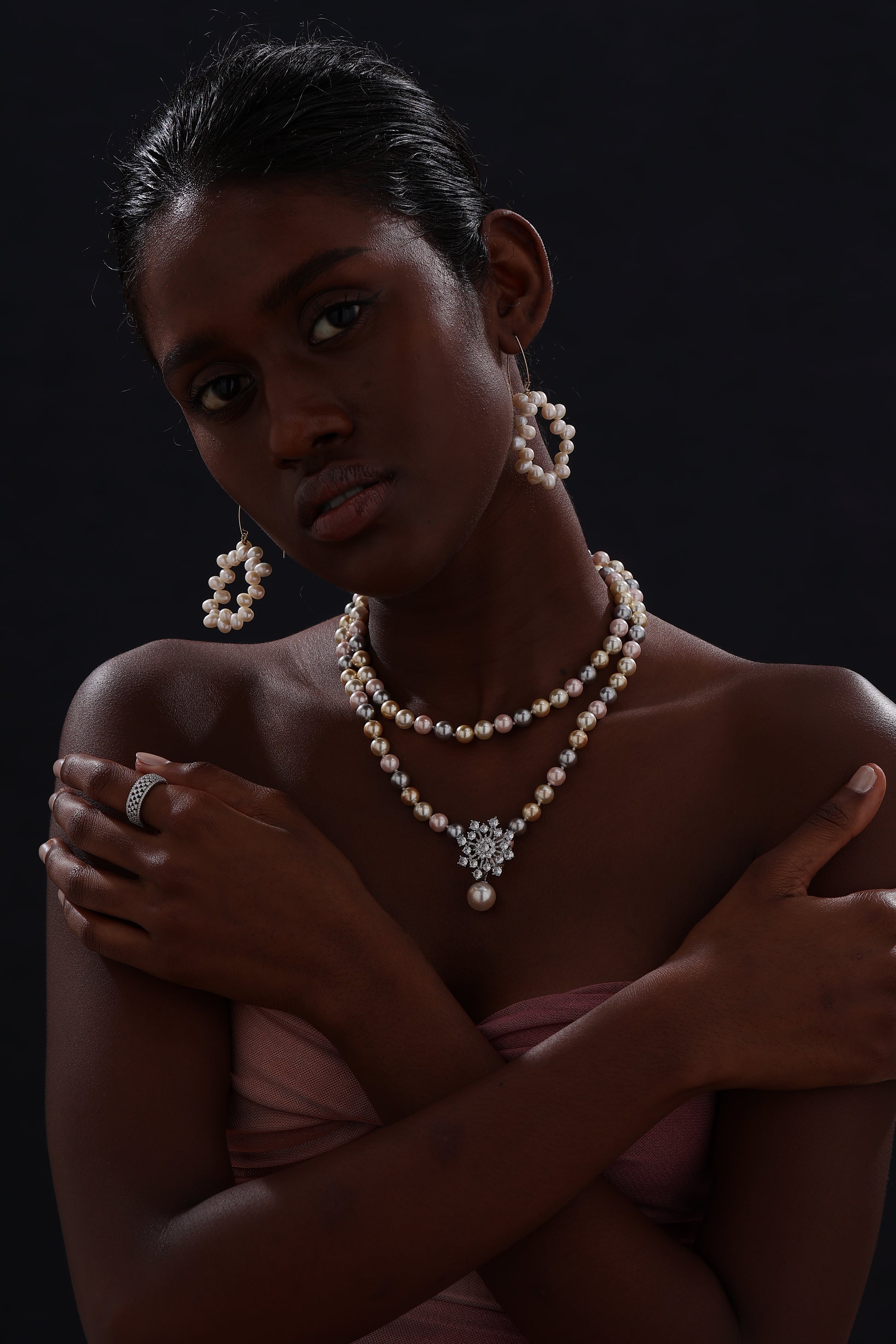 Snow Flower Pearl Drop Necklace - 4 Ways to Wear - Multicolour - Long Necklace - ONNNIII