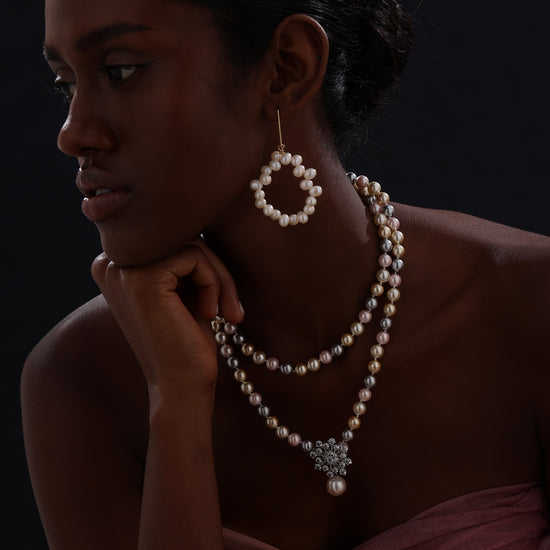 Snow Flower Pearl Drop Necklace - 4 Ways to Wear - Multicolour - Long Necklace - ONNNIII