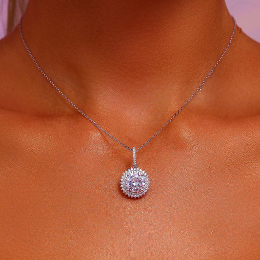 Double Halo Round Cut High Carbon Diamond Pendant Necklace - Rhodium Plated Sterling Silver - Necklace - ONNNIII
