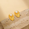 Oval Textured Stud Earrings Inlaid with Pearl - Earrings - ONNNIII