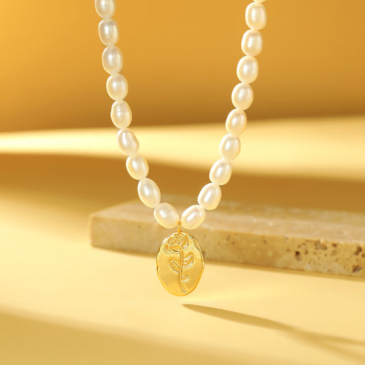 Handcrafted Rose Pendant Pearl Beaded Necklace - Double Sided - 14K Gold Filled - Necklace - ONNNIII