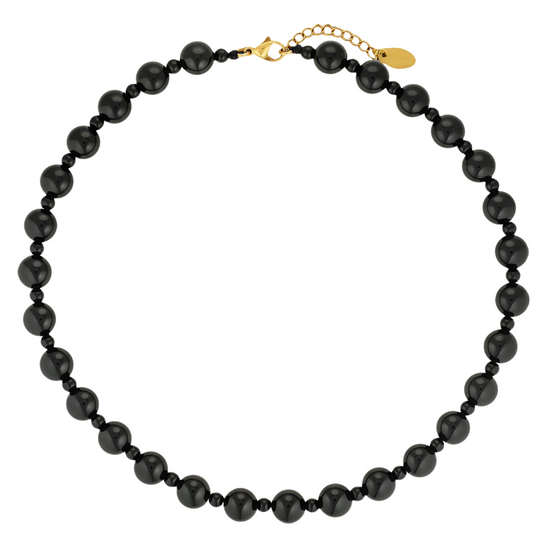 Black beaded necklace with a gold clasp on a white background
