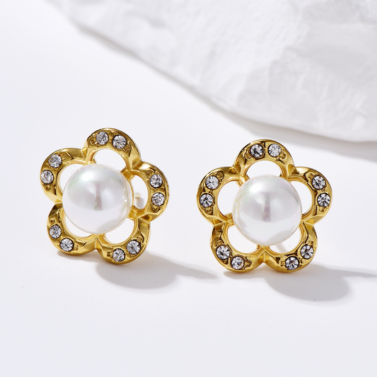 Pearl Flower Stud Earrings Inlaid with CZ - Earrings - ONNNIII