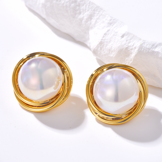 Gold Rim Pearl Stud Earrings - Earrings - ONNNIII