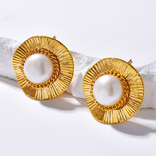 Round Pearl Inlaid Stud Earrings - 18K Gold Plated - Earrings - ONNNIII