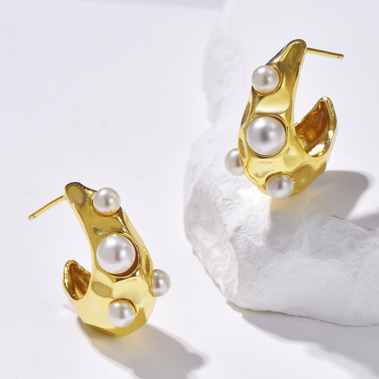 Textured Hoop Earrings Pearl Inlaid - Gold - Earrings - ONNNIII