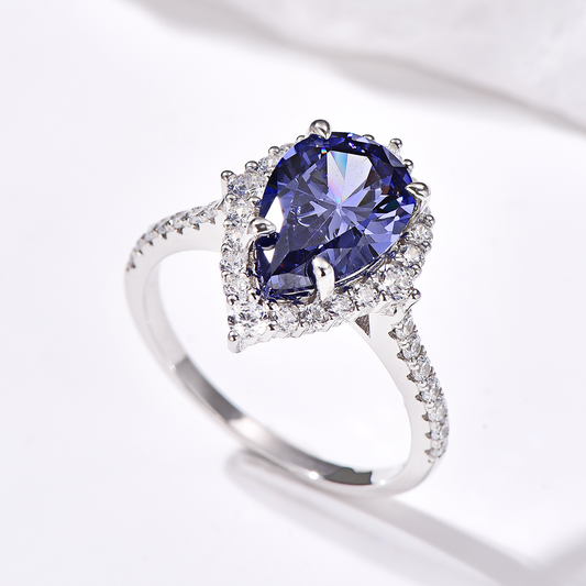 Halo Pear Brilliant Cut High Carbon Diamond Pavé Ring 8*12mm - Rhodium Plated Sterling Silver - Sapphire - Ring - ONNNIII