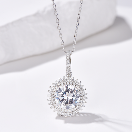 Double Halo Round Cut High Carbon Diamond Pendant Necklace - Rhodium Plated Sterling Silver - Necklace - ONNNIII