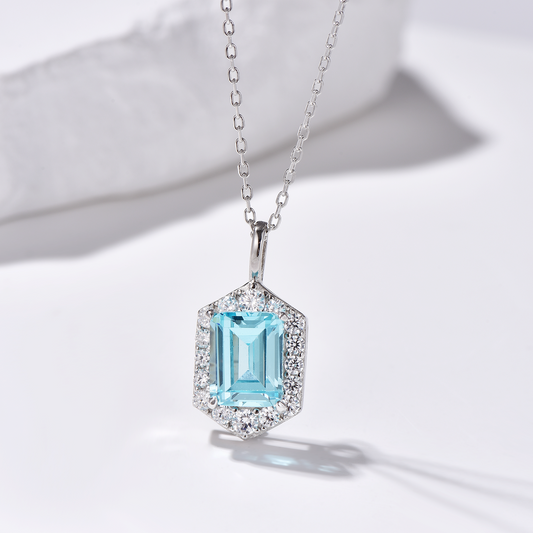 Halo Emerald Cut High Carbon Diamond Pendant Necklace - Rhodium Plated Sterling Silver - Aquamarine - Necklace - ONNNIII