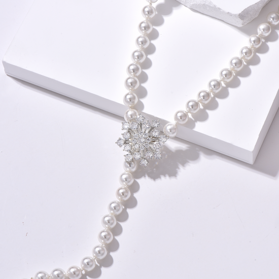 Snow Flower Pearl Drop Necklace - 4 Ways to Wear - White - Long Necklace - ONNNIII