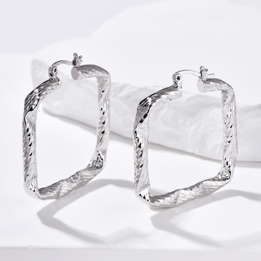 Square Twist Textured Hoop Earrings - Silver - Earrings - ONNNIII