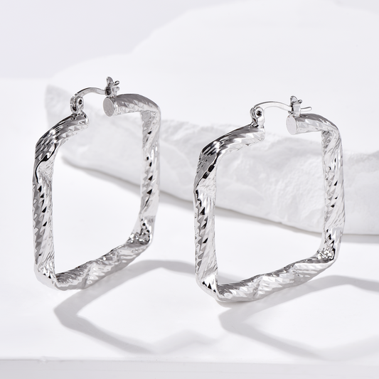 Square Twist Textured Hoop - Silver - Earrings - ONNNIII