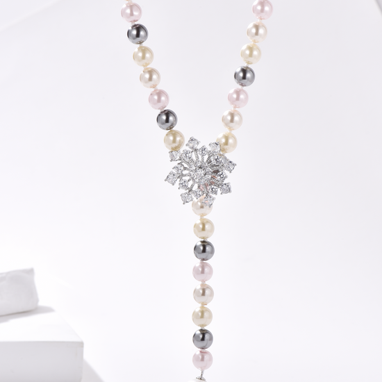 Snow Flower Pearl Drop Necklace - 4 Ways to Wear - Multicolour - Long Necklace - ONNNIII