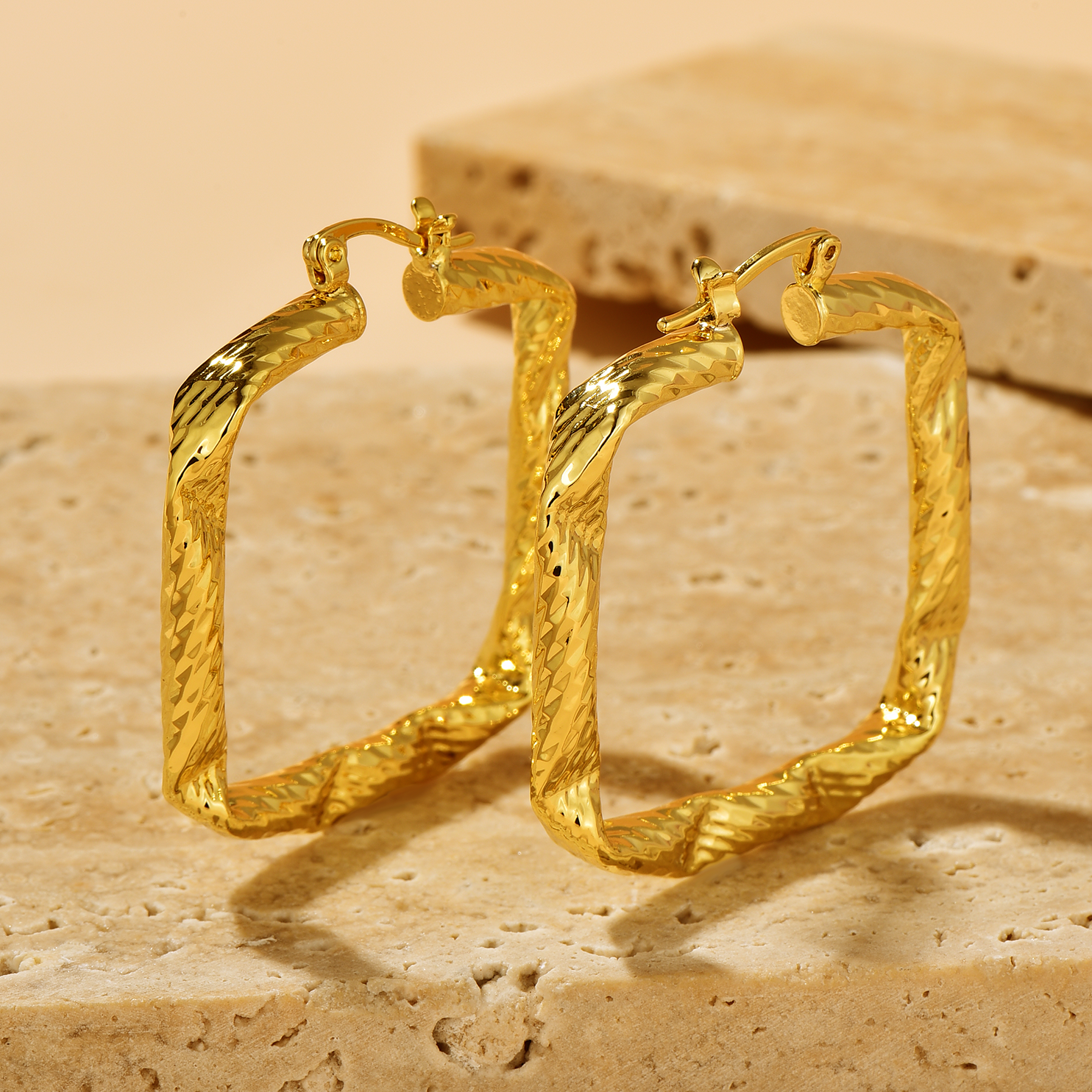 Square Twist Textured Hoop Earrings - Gold - Earrings - ONNNIII
