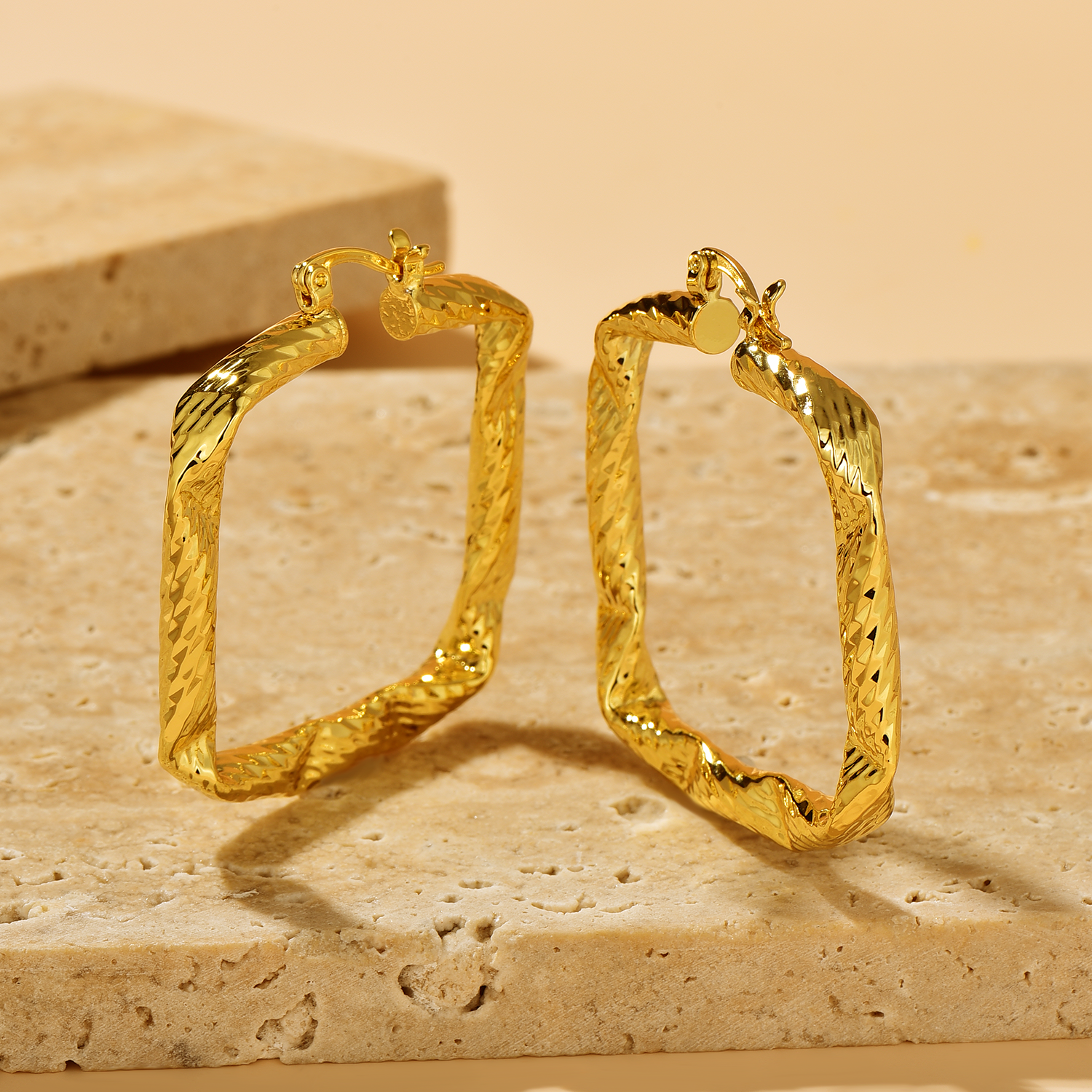 Square Twist Textured Hoop Earrings - Gold - Earrings - ONNNIII