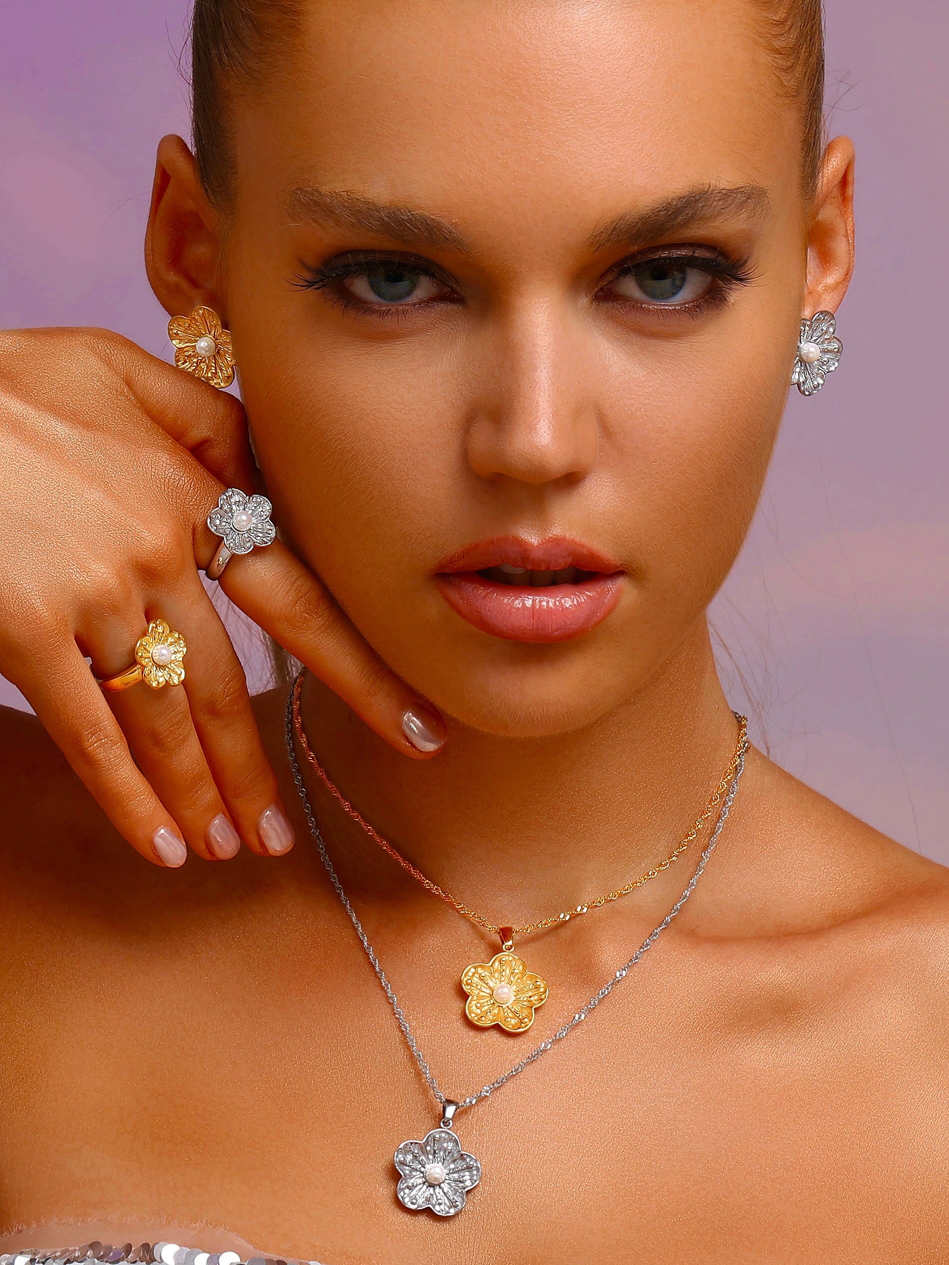 Flower Ring Inlaid with Pearl - Silver - Ring - ONNNIII