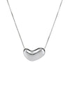 Silver heart-shaped pendant on a chain against a white background