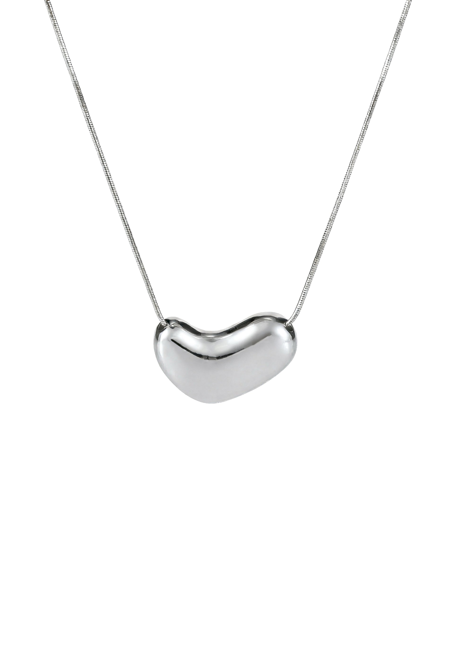Silver heart-shaped pendant on a chain against a white background