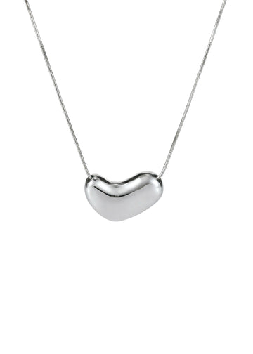 Silver heart-shaped pendant on a chain against a white background