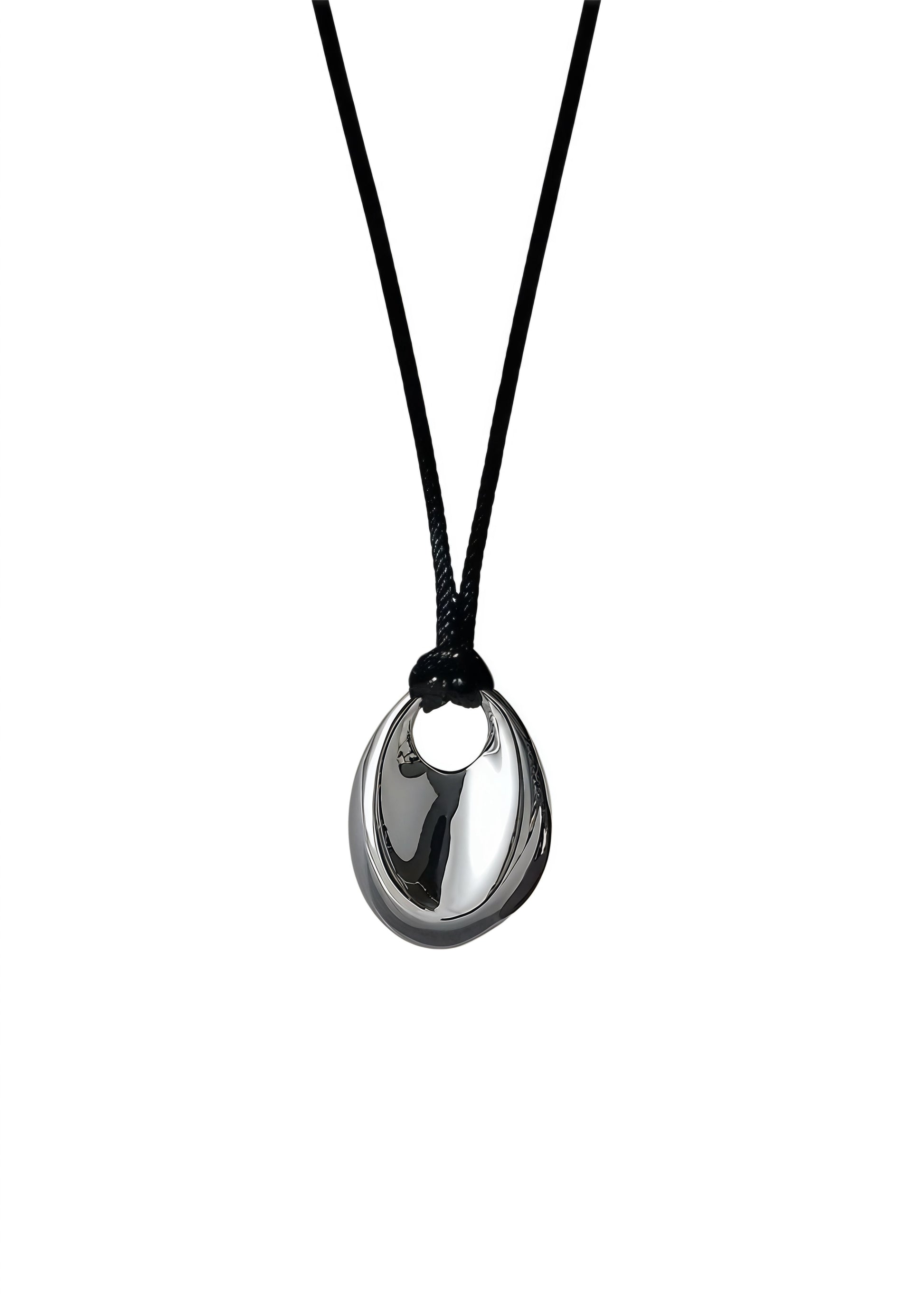 Black necklace with a silver pendant on a white background