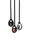 Three black pendant necklaces with different colored pendants on a white background