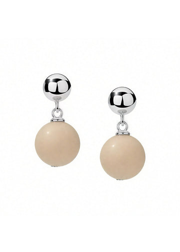 Pair of earrings with beige spherical beads and silver tops on a white background