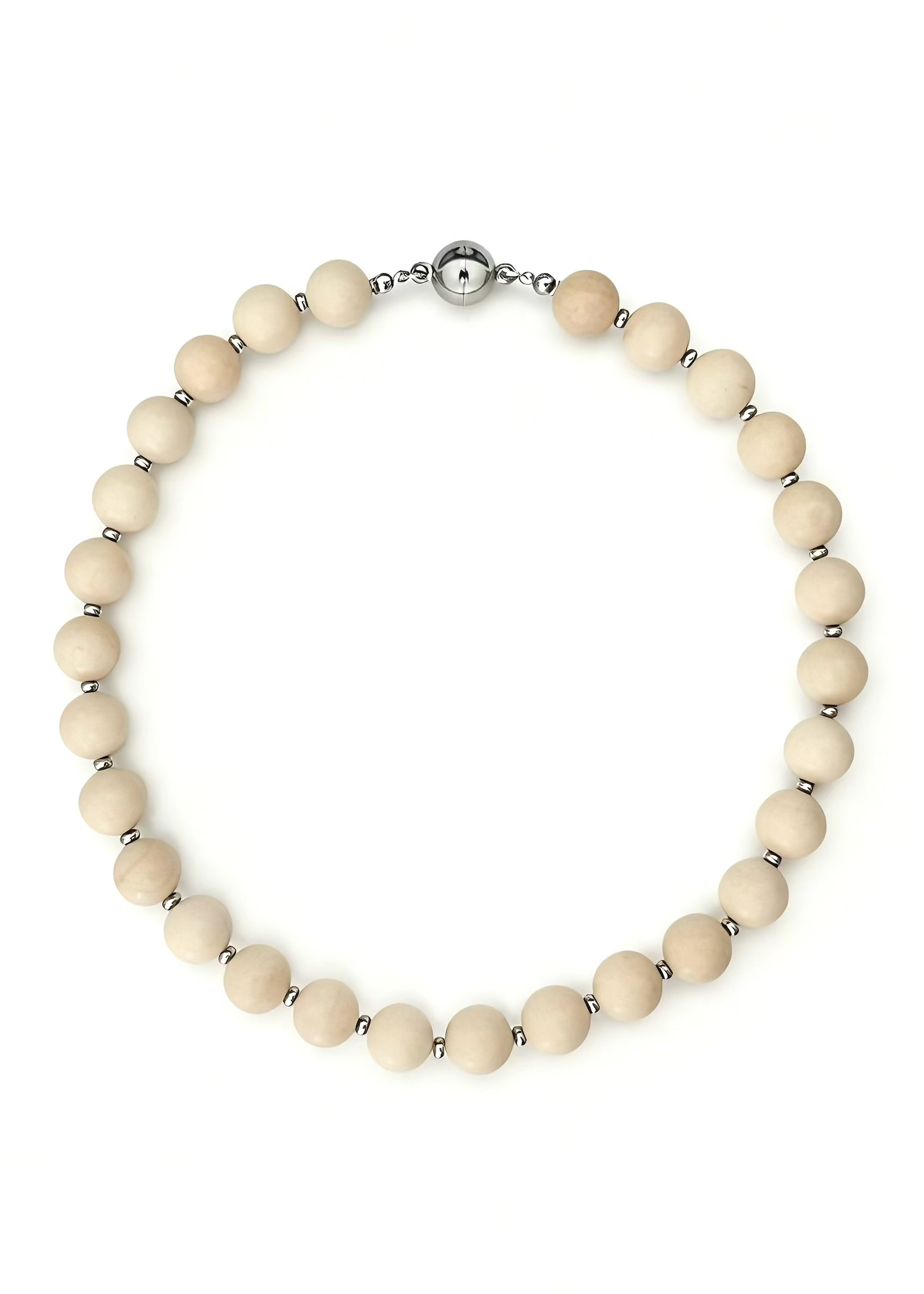 Necklace with cream-colored beads and silver clasp on a white background