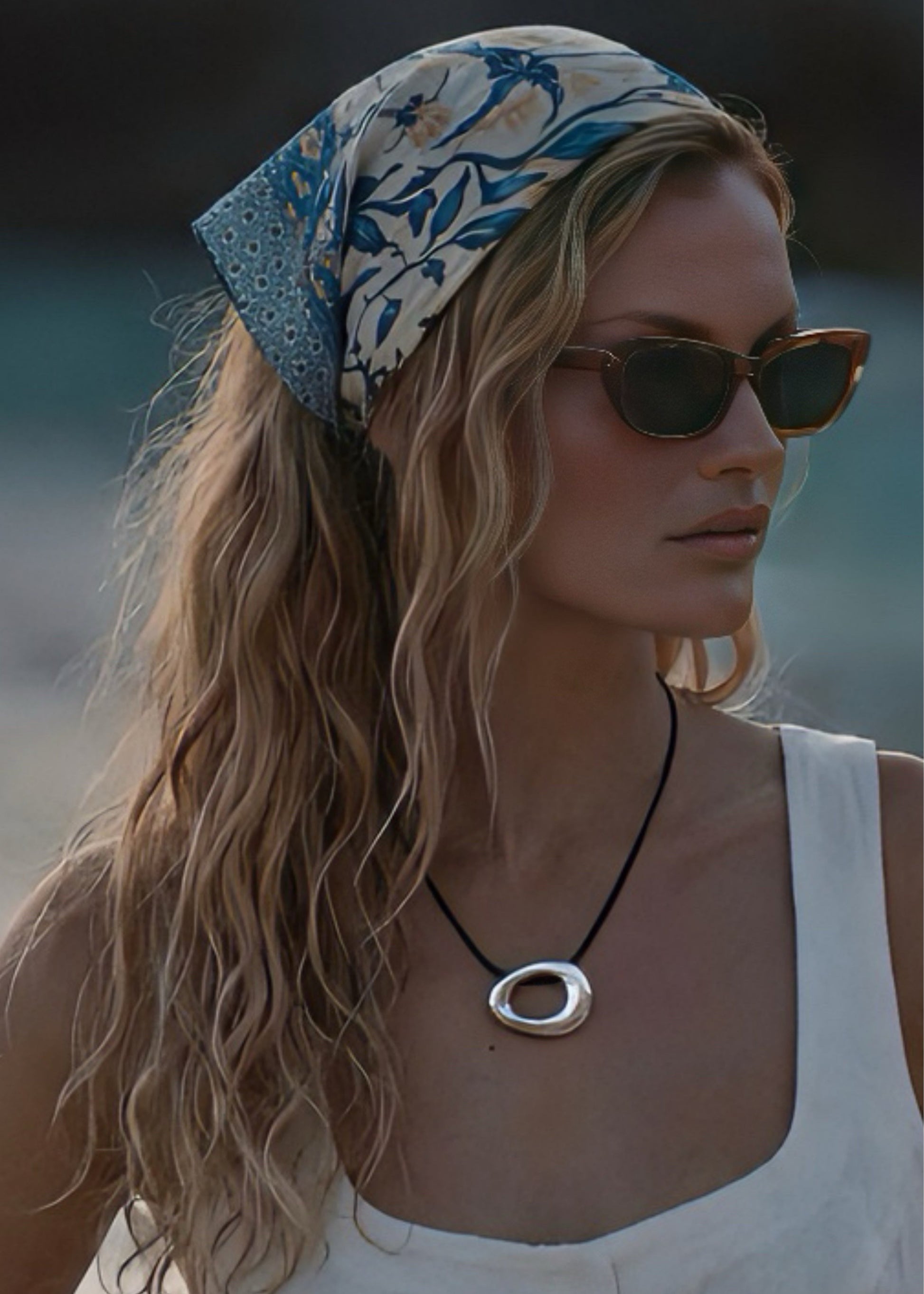 Woman wearing a headscarf, sunglasses and a silver circle pendant on a black cord with a blurred background