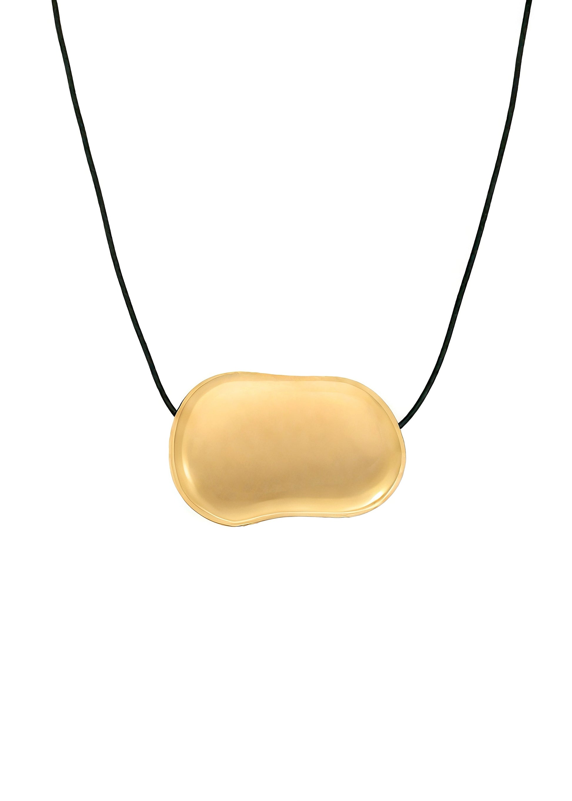 Gold pebble pendant on a black cord against a white background