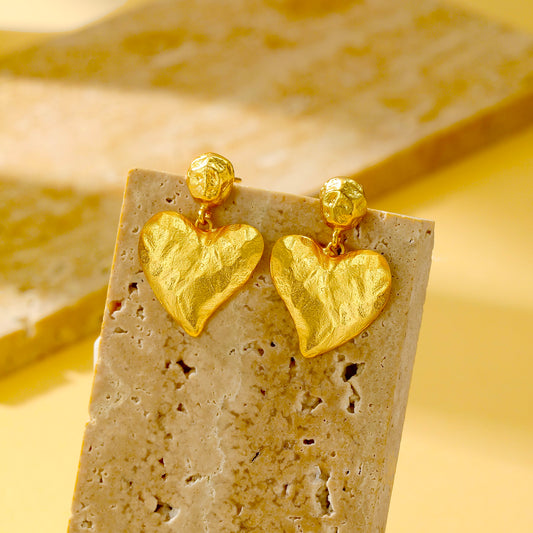 Textured Heart Drop Earrings - 18K Gold Plated - Earrings - ONNNIII