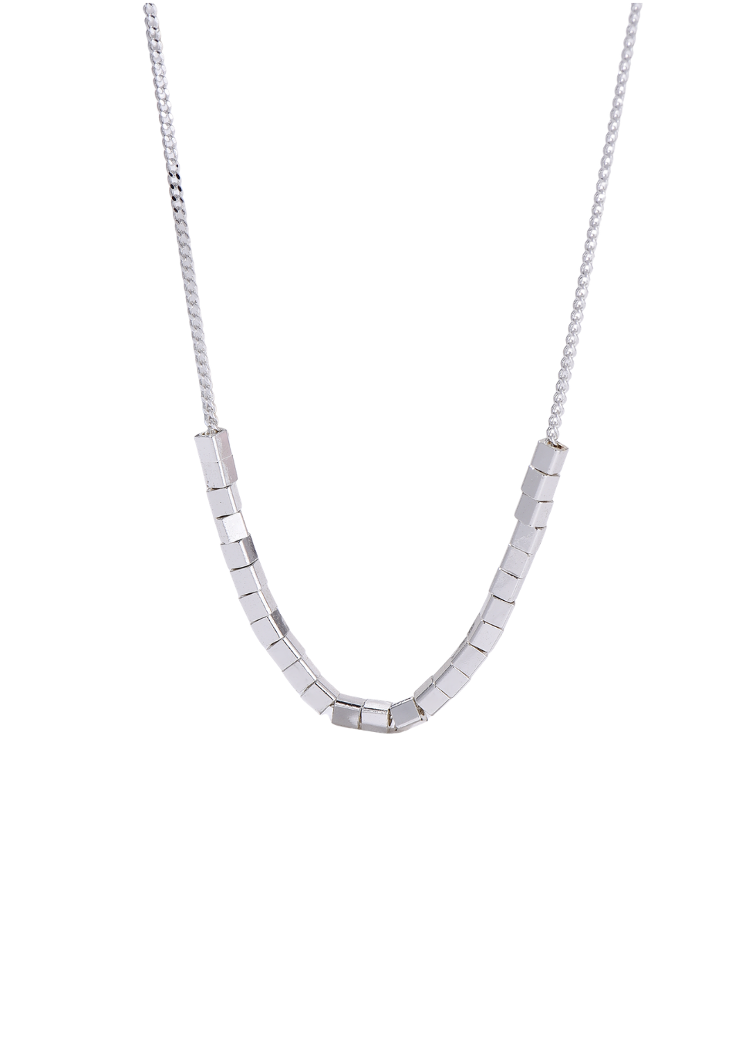 Silver necklace with square beads on a white background