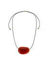Black cord necklace with a large red agate pendant on a white background